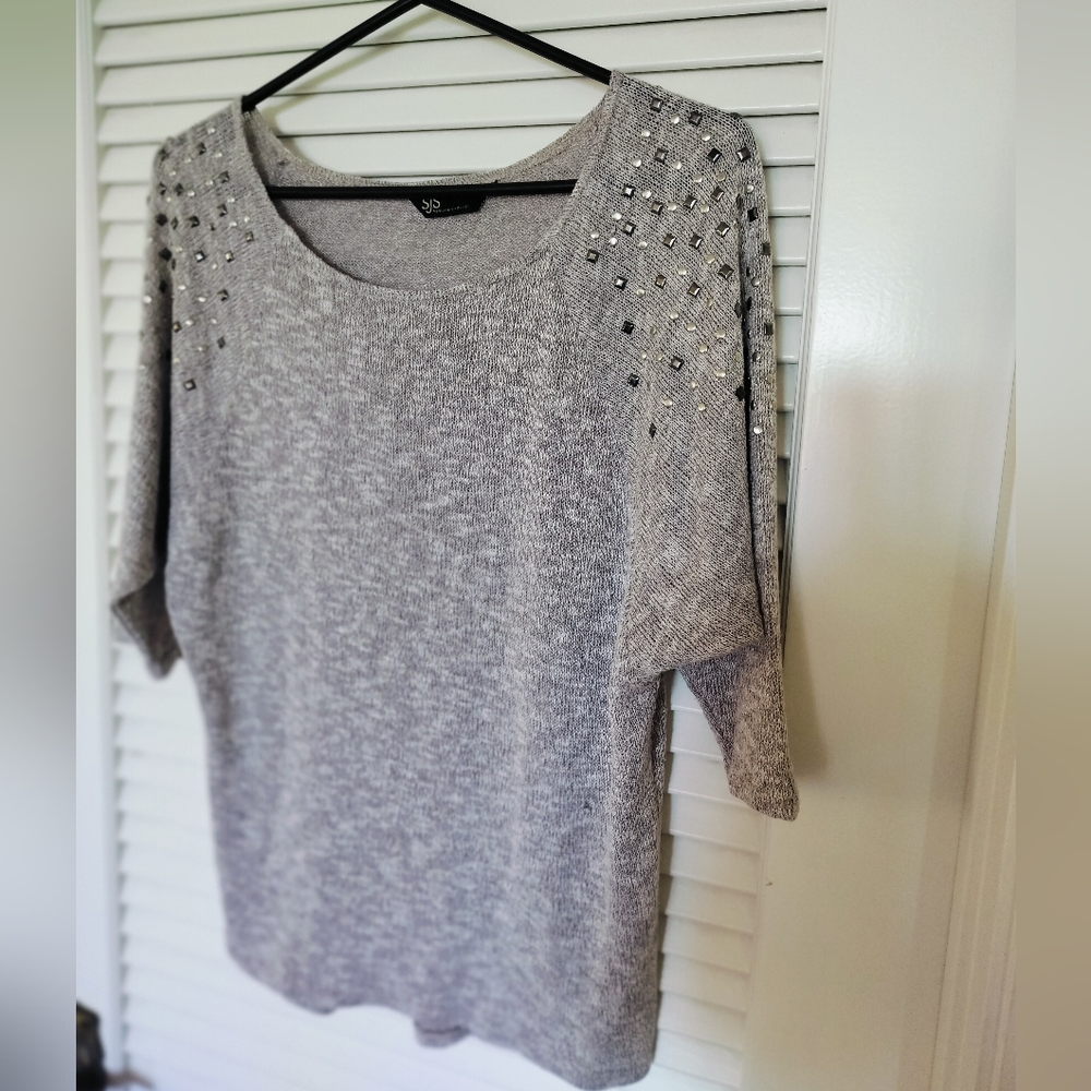 SJS Gray Sweater With Shoulder Embellishments Size Large Very Soft